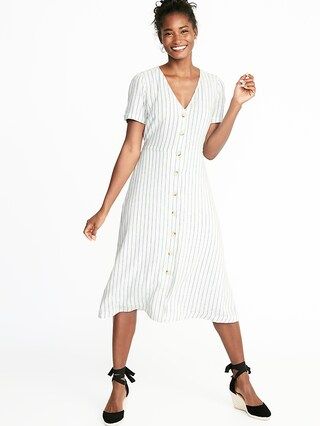 Striped Waist-Defined Button-Front V-Neck Midi for Women | Old Navy US