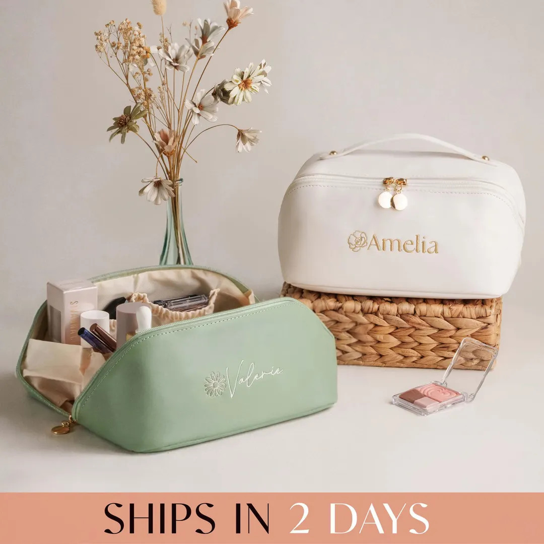 Personalized Embroidered Leather Makeup Bag, Mothers Day Gift for Her, Large Toiletry Organizer f... | Etsy (US)