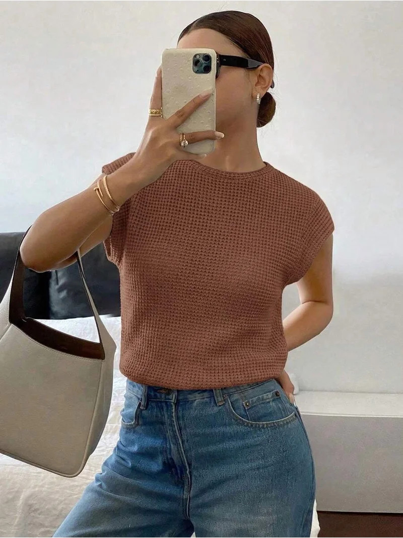 Chocolate Brown Waffle Knit Round Neck Short Sleeve Casual Top | Walmart (US)