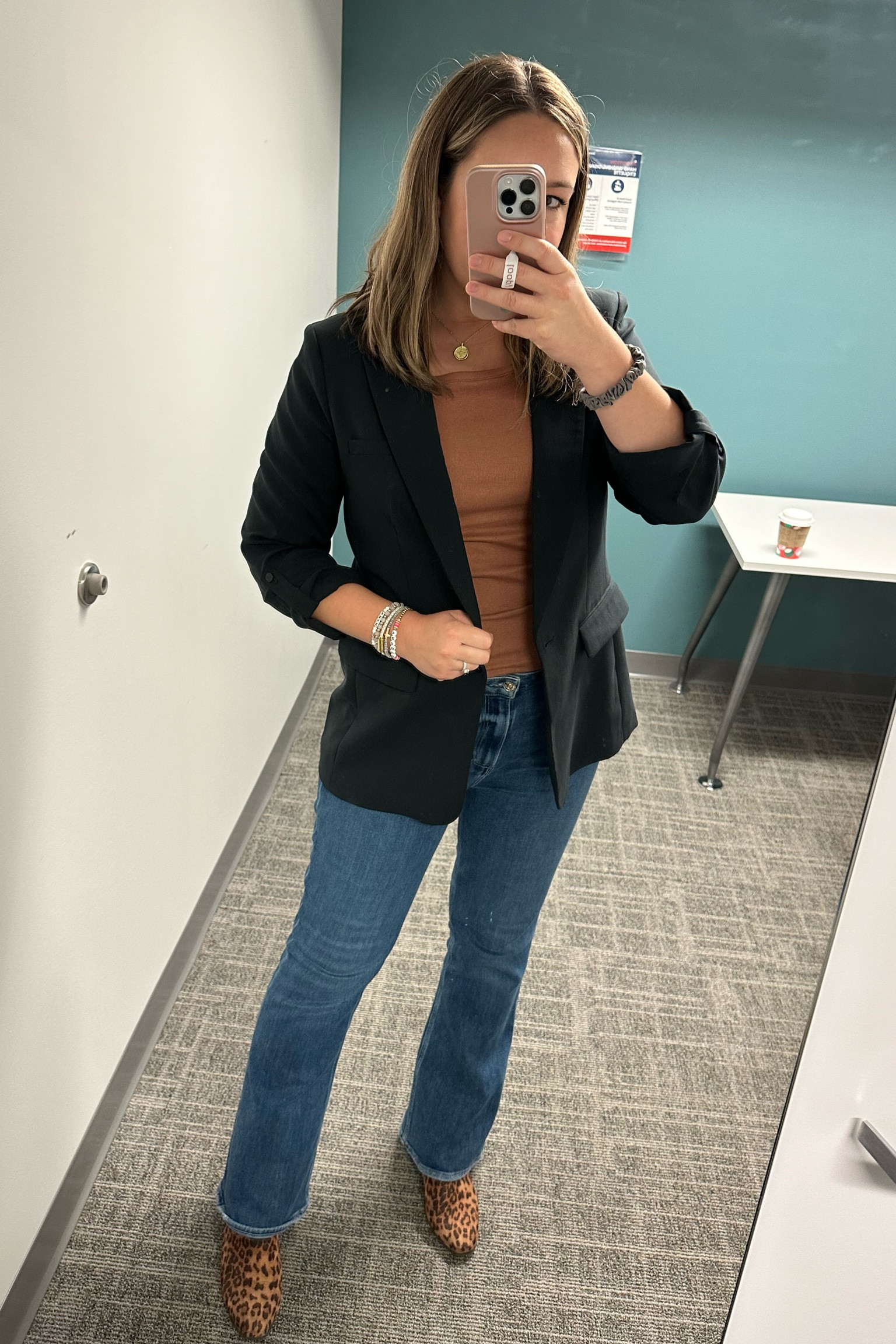 In-office look. Postpartum style. New mama. Business casual. Flare jeans. High waist jeans. Black blazer  

#LTKFindsUnder100 #LTKCyberWeek #LTKStyleTip