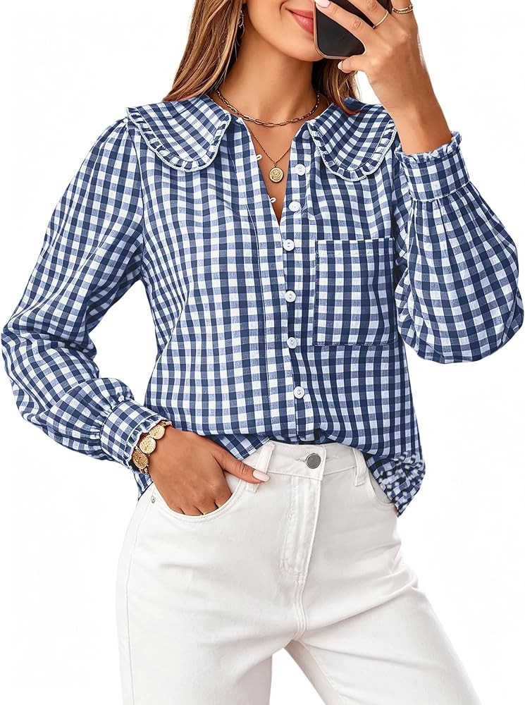SimpleFun Button Down Shirts for Women Long Sleeve Blouse Gingham Work Tops | Amazon (US)