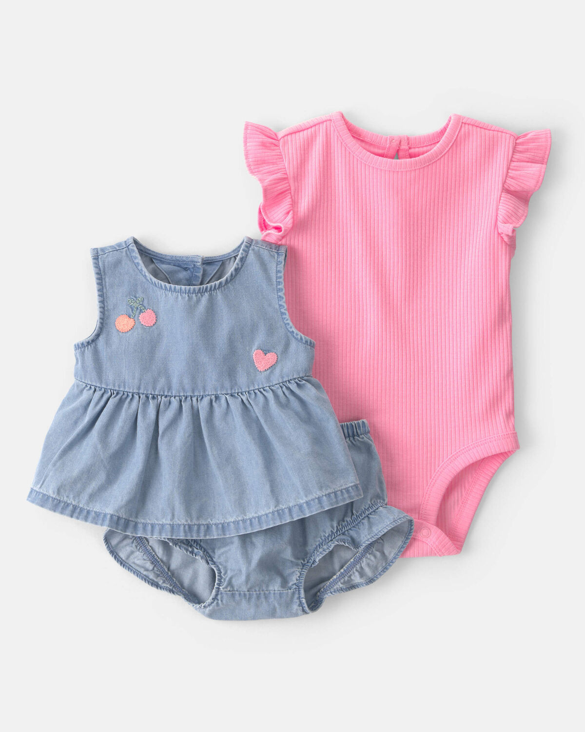 Baby Girl 3-Piece Cherry Chambray Sleeveless Top, Bodysuit & Short Set - Pink/Blue | Carter's Inc
