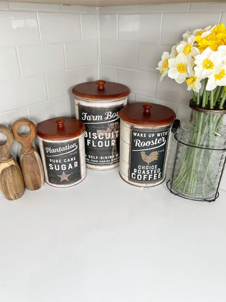 This Awesome Kitchen Canister Set is Reversible! Another pattern on other side! Lovely rustic farmhouse kitchen canister set! Also great vase and faux daffodils! #amazon #amazonhome #founditonamazon #home #interiordesign #homedecor #kitchen #kitchendecor #kitchencanister #kitchenorganiztion #fauxflowers #daffodils #springflowers #flowervase #vases

#LTKhome