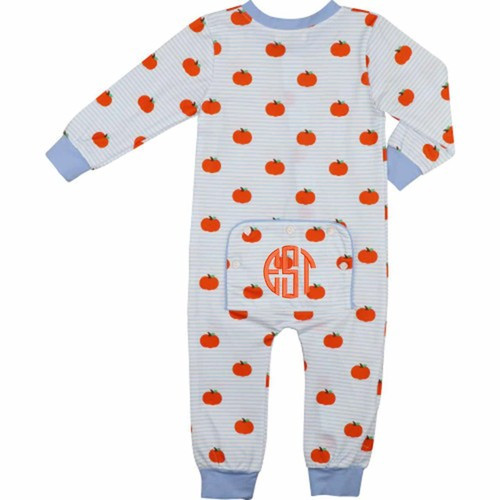 Blue Stripe Pumpkin Print Knit Zipper Pajamas | Cecil and Lou