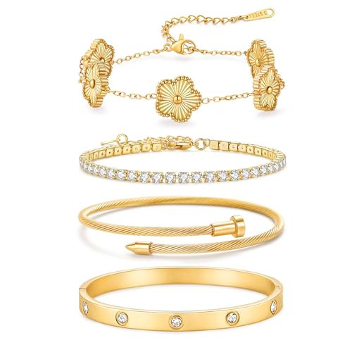 Solistra 18K Gold Plated Bracelets for Women Stackable Tennis Clover Bracelet Non Tarnish Bangle Bracelets for Women Trendy Jewelry Set | Amazon (US)