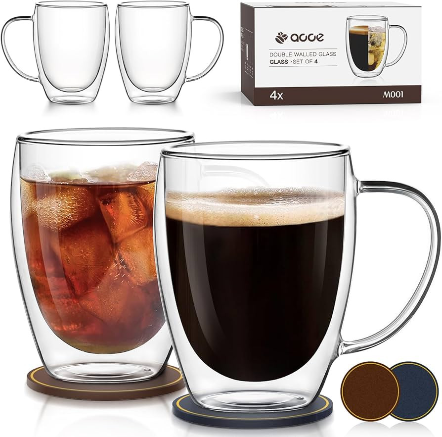 Double Wall Glass Goffee Mugs 12.5oz，Clear Glass Coffee Mugs Set of 4， Insulated Glass Coffee... | Amazon (US)