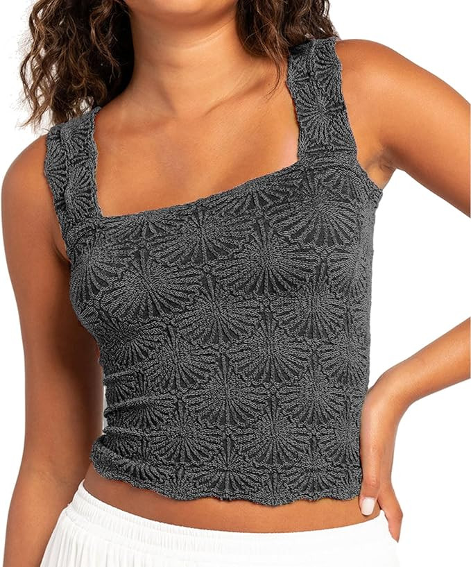 Women's Square Neck Wide Strap Crop Tank Tops Flower Going Out Tops Slim Fit Lettuce Trim Crop Ca... | Amazon (US)