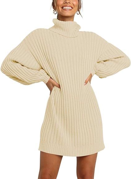 Prinbara Women Turtleneck Long Lantern Sleeve Casual Loose Oversized Sweater Dress Soft Winter Pullo | Amazon (US)