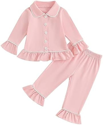Toddler Kids Baby Girl Solid Pjs Ruffle Long Sleeve Button Shirt Top and Pants Cotton 2Piece Paja... | Amazon (US)