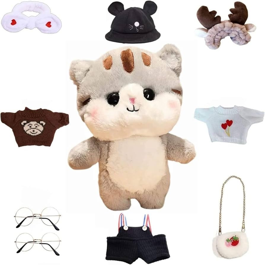 Grey Cat Stuffed Animals Plush Toy with Removable Clothes Cute Soft Cat Plush Stuffed Gifts for K... | Amazon (US)