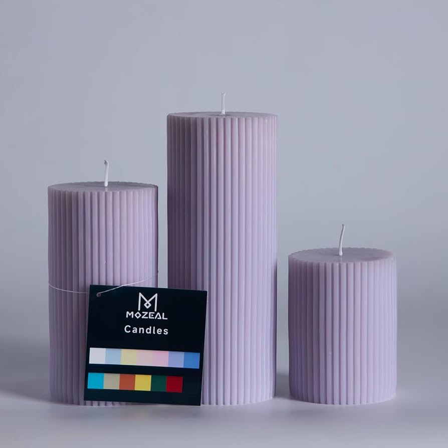 MOZEAL Hand-Poured Classic Ribbed Soy Pillar Candles Set of 3 - Decorative Lavender Unscented Dri... | Amazon (US)