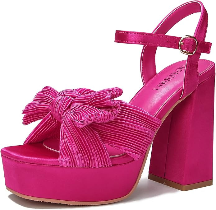 KHPAERMEI Bow Knot Platform Heels for Women Fashion Open Toe Chunky Heeled Sandals Ankle Strap We... | Amazon (US)