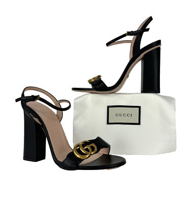 Gucci Auth 7.5 US 37.5 EU Black Leather Gold GG Marmont Sandals Shoes Heels Bag  | eBay | eBay US