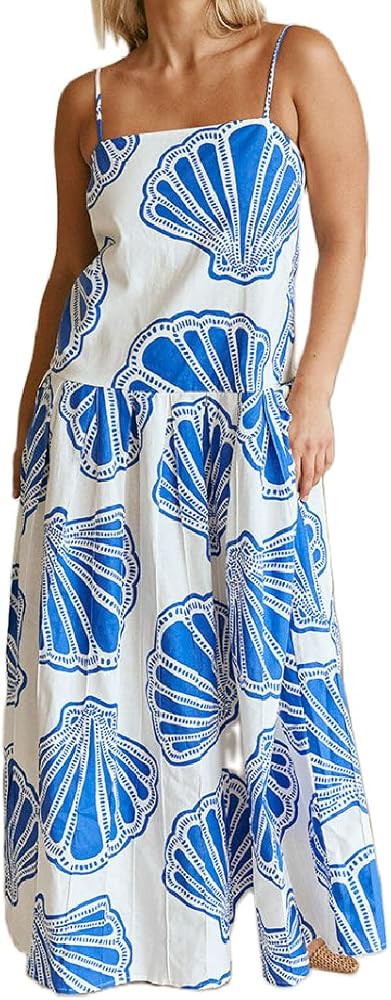Women Bohemian Graphic Maxi Dress Spaghetti Strap Flowy Cami Dress Floral Tiered Sundress Y2K Sum... | Amazon (US)
