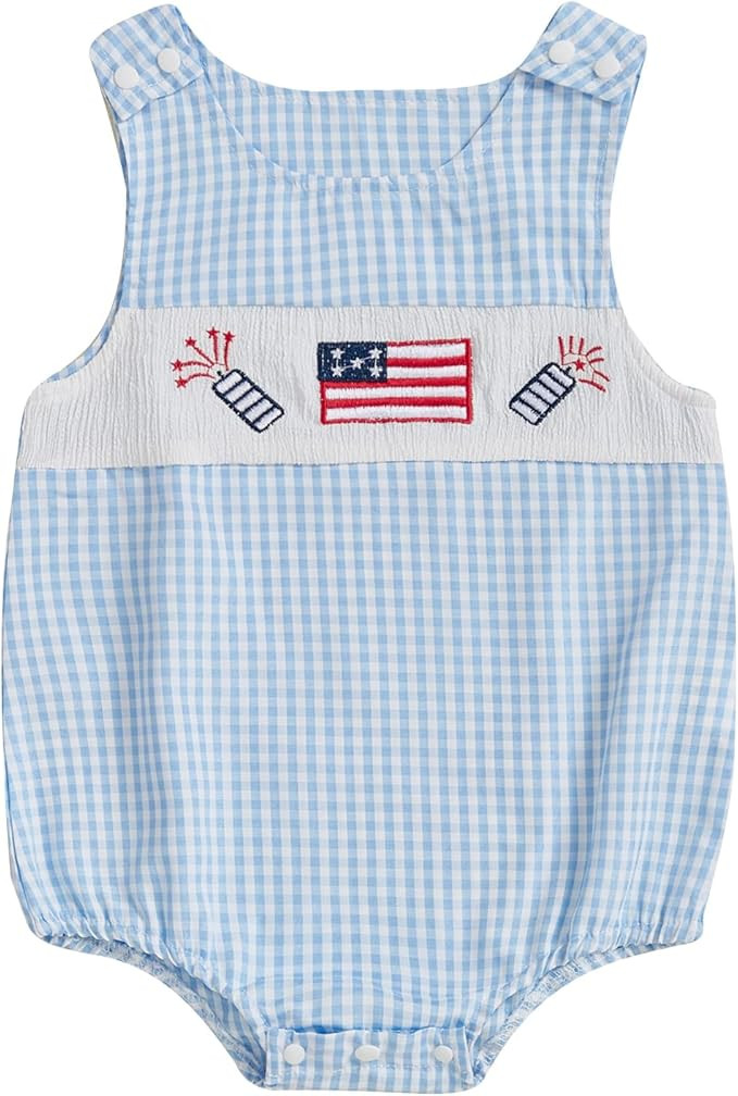 Karuedoo Newborn Baby Boy 4th of July Outfit Embroidery Smocked Bubble Romper Sleeveless Plaid Bo... | Amazon (US)