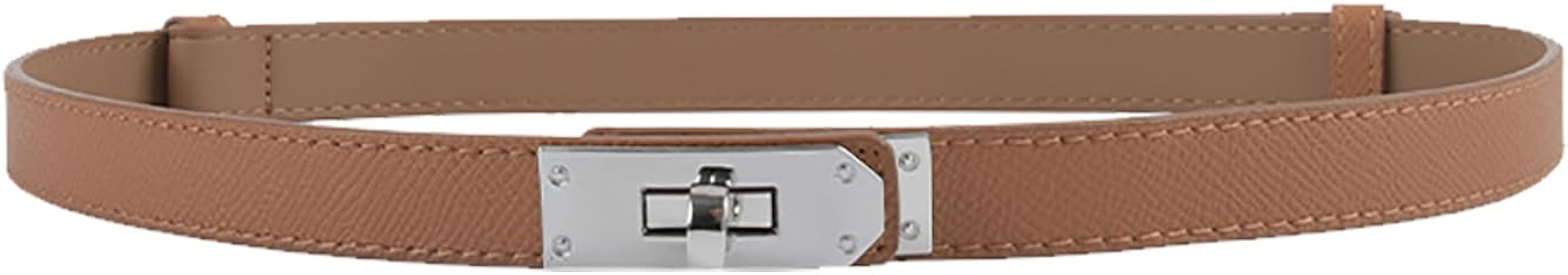 Women's Skinny Leather Belt with Adjustable Silver Turn-Lock Buckle - Ideal for Dresses, Jeans, a... | Amazon (US)