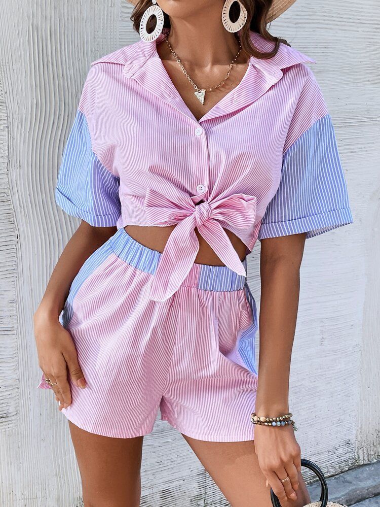 Striped Print Drop Shoulder Colorblock Blouse & Shorts | SHEIN