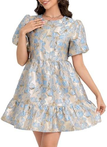 Ladyful Women's Floral Jacquard Mini Dress Short Puff Sleeve Tiered Babydoll A-Line Dress Elegant... | Amazon (US)