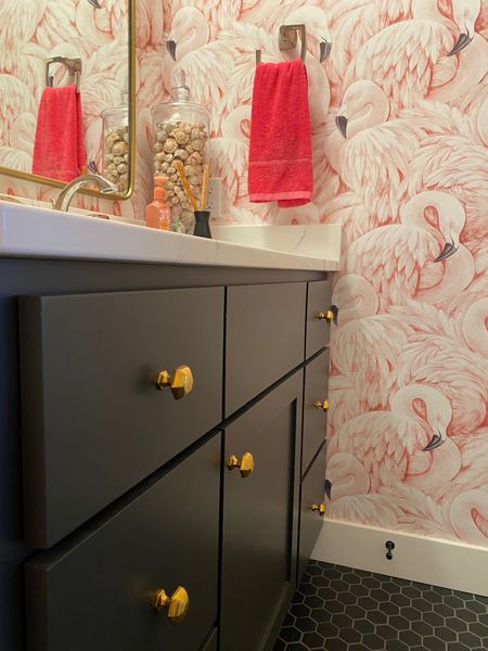 Bathroom hardware. Think of it as jewelry for your cabinets. These hexagon knobs are beautiful and substantial. 
kimbentley, bathroom decor, powder room wallpaper, flamingo

#LTKstyletip #LTKshoecrush #LTKunder50