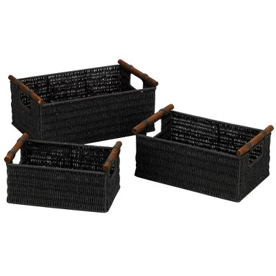Decorative Woven Baskets, Set of 3 Baskets, Paper Rope with Wood Handles, Sturdy Metal Frame, Small, Medium and Large, Black | Target