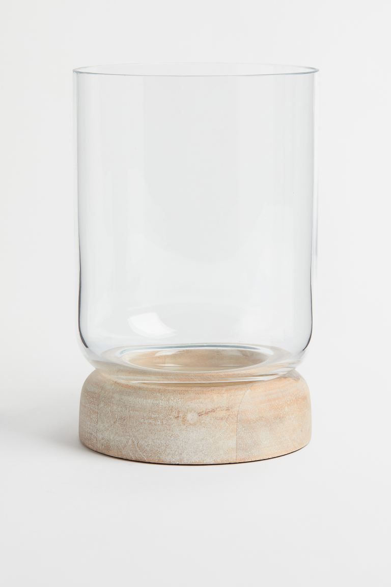 Candle holder in clear glass on a wooden base with space for a pillar candle. Diameter of candle ... | H&M (US + CA)