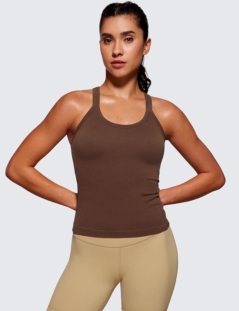 CRZ YOGA Seamless Ribbed Womens Tank Top Racerback Camisoles with Built in Bra Padded Scoop Neck ... | Amazon (US)