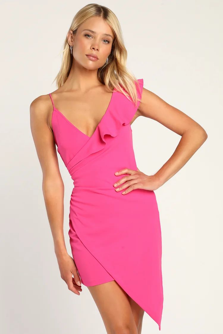 Vivacious Vision Hot Pink Surplice Asymmetrical Midi Dress | Lulus (US)