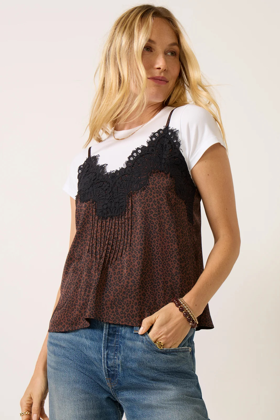 EVEREVE Women's Juliette Lace Pintuck Cami Top, Size XL, Leopard Brown | Evereve
