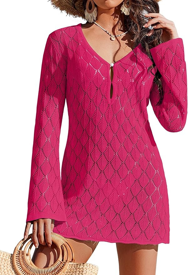 Ekouaer Swimsuit Coverup for Women Crochet Beach Cover Up Hollow Out Long Sleeve Cover Ups 2026 S... | Amazon (US)