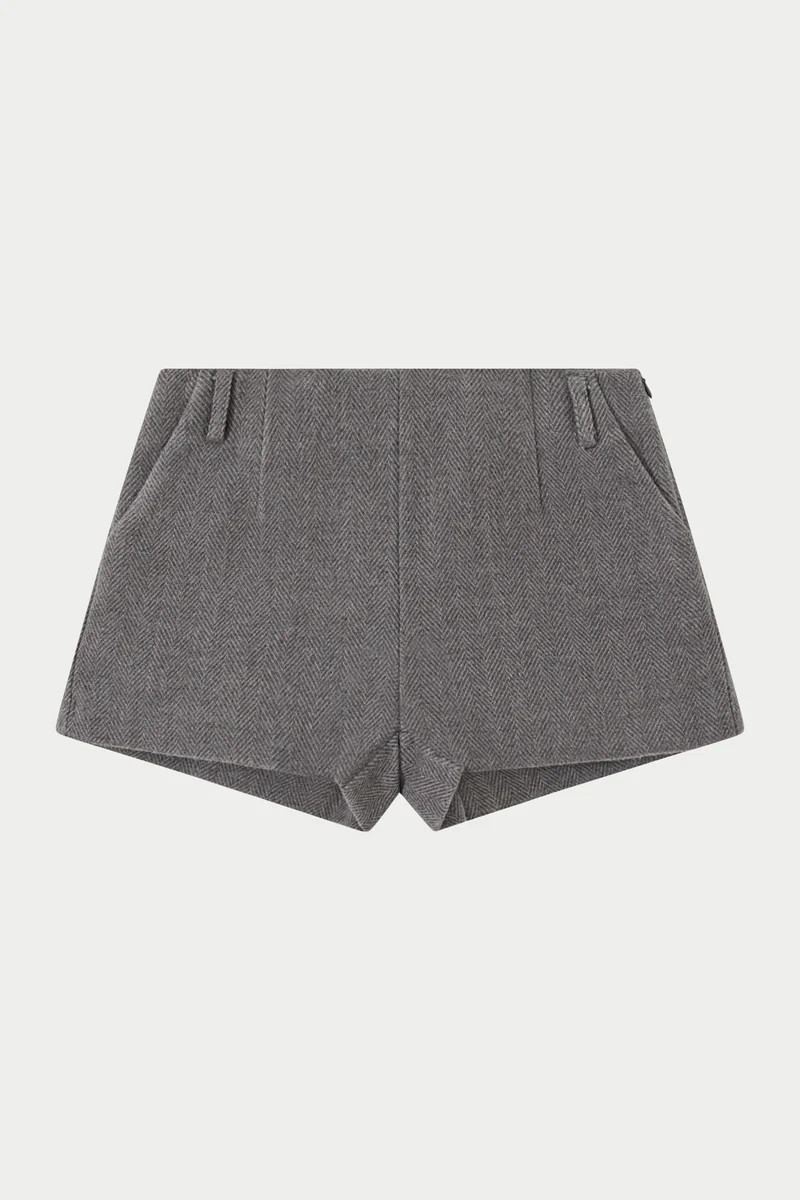 HERRINGBONE TAILORED MINI SHORTS - GREY | The Couture Club