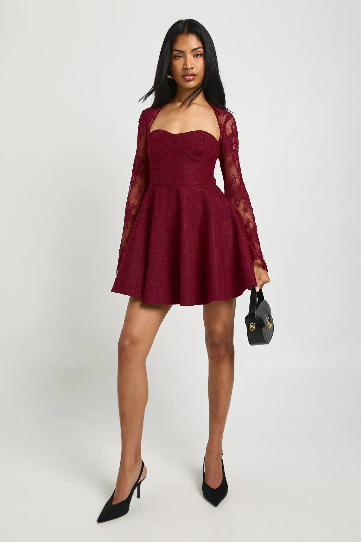 Lace Structured Mini Skater Dress | boohoo (US & Canada)