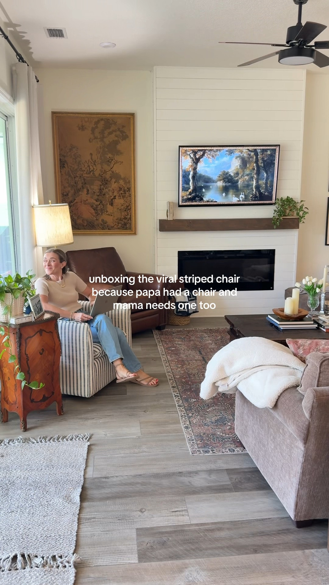 The striped chair from @Wayfair did us so right. 

wayfair striped chair, living room chair unboxing, viral home finds, classic living room style, cozy home decor, striped accent chair, nancy meyers living room, wayfair home finds, affordable accent chair