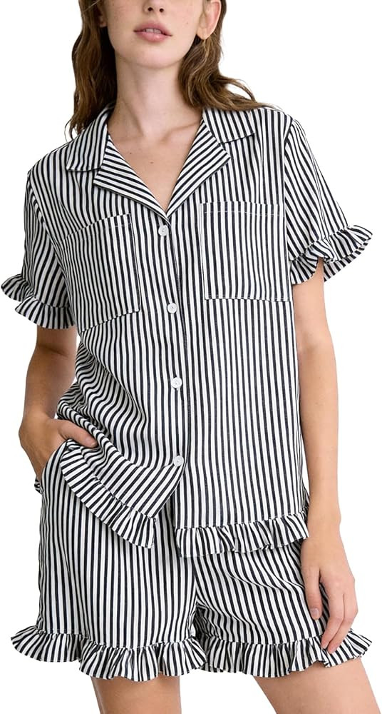 Striped Pajamas for Women Short Sleeve Ruffle Set Cute 2 Piece Button Down Shirt Shorts Lounge Pj... | Amazon (US)