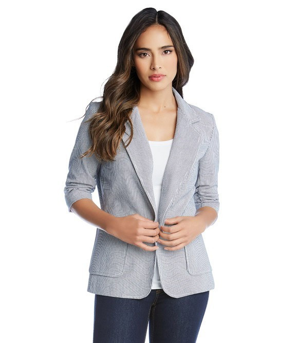 Pinstripe Ruched Sleeve Jacket | Karen Kane