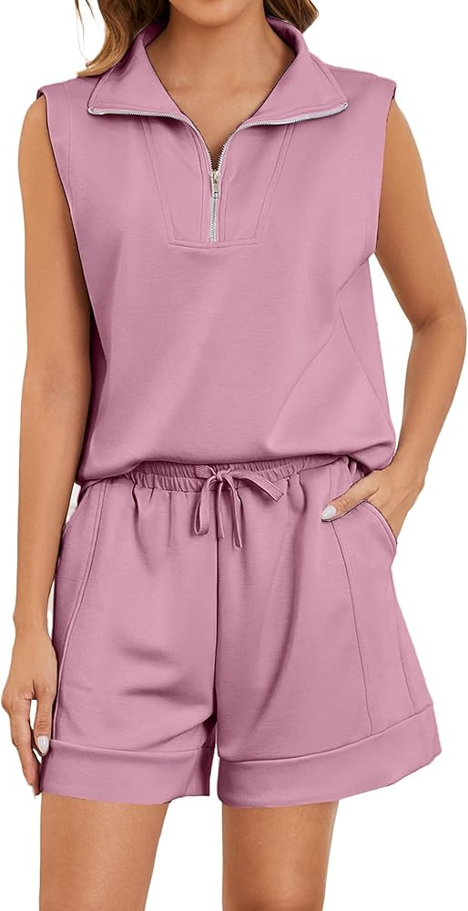 Women Two Piece Outfits Half Zip Lapel Collar Sleeveless Sweatshirt High Waist Sweat Shorts Loung... | Amazon (US)