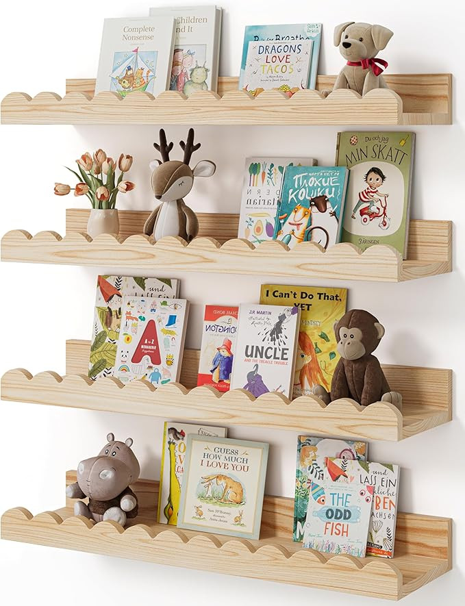 Shario Nursery Book Shelves, 4-Pack Wood Floating Shelves for Wall Kids, Scalloped Shelves, Wall ... | Amazon (US)