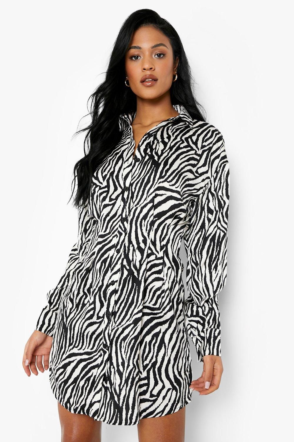 Tall Zebra Print Cinched In Waist Shirt Dress | Boohoo.com (US & CA)