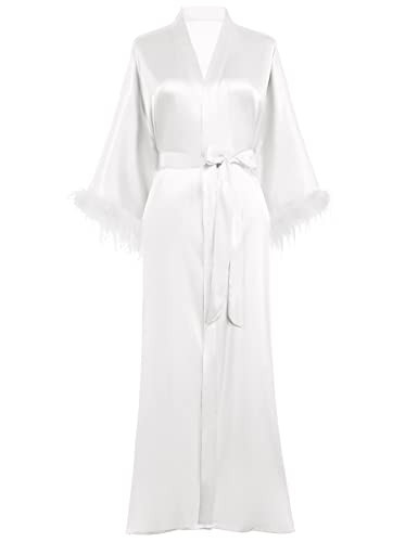 PRODESIGN Satin Kimono Robe Long Silky Bathrobe with Ostrich Feather Trim Sleepwear Wedding Bride... | Amazon (US)