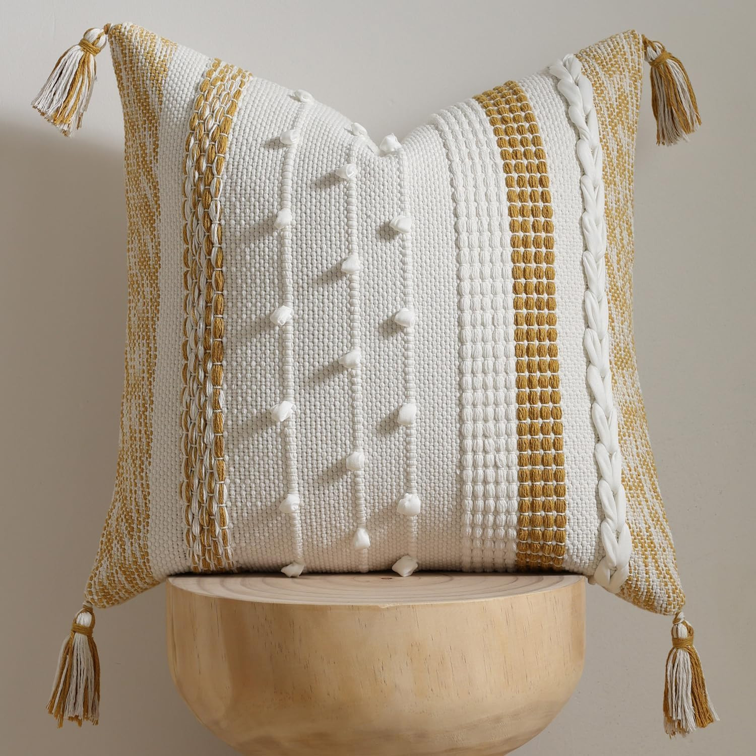 Boho Pillow Cover 20x20 Mustard Yellow - Handmade Woven Textured Throw Pillow Case with Cordings & Tassels, Decorative Accent for Couch Sofa Bed Farmhouse Living Room Bedroom Home Decor | Amazon (US)
