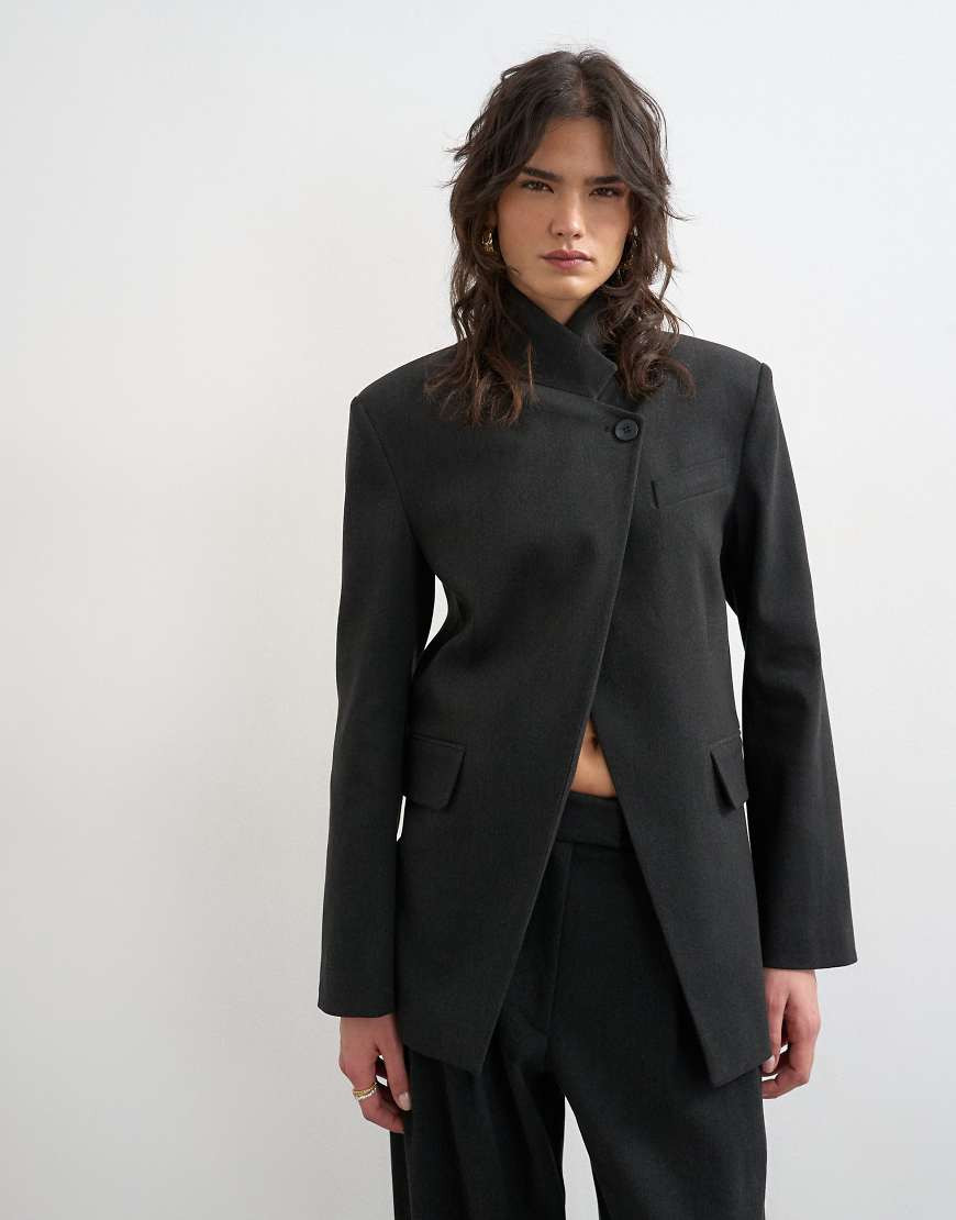 Topshop funnel neck blazer in black | ASOS (Global)