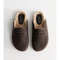Women's Dark Brown Faux Suede Borg Loafer Mules Vegan New Look | New Look (UK)