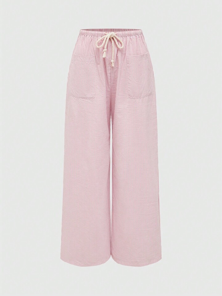ROMWE Casual Loose Straight Pants For Women, Striped Tie Waist Cotton And Linen Trousers For Home... | SHEIN