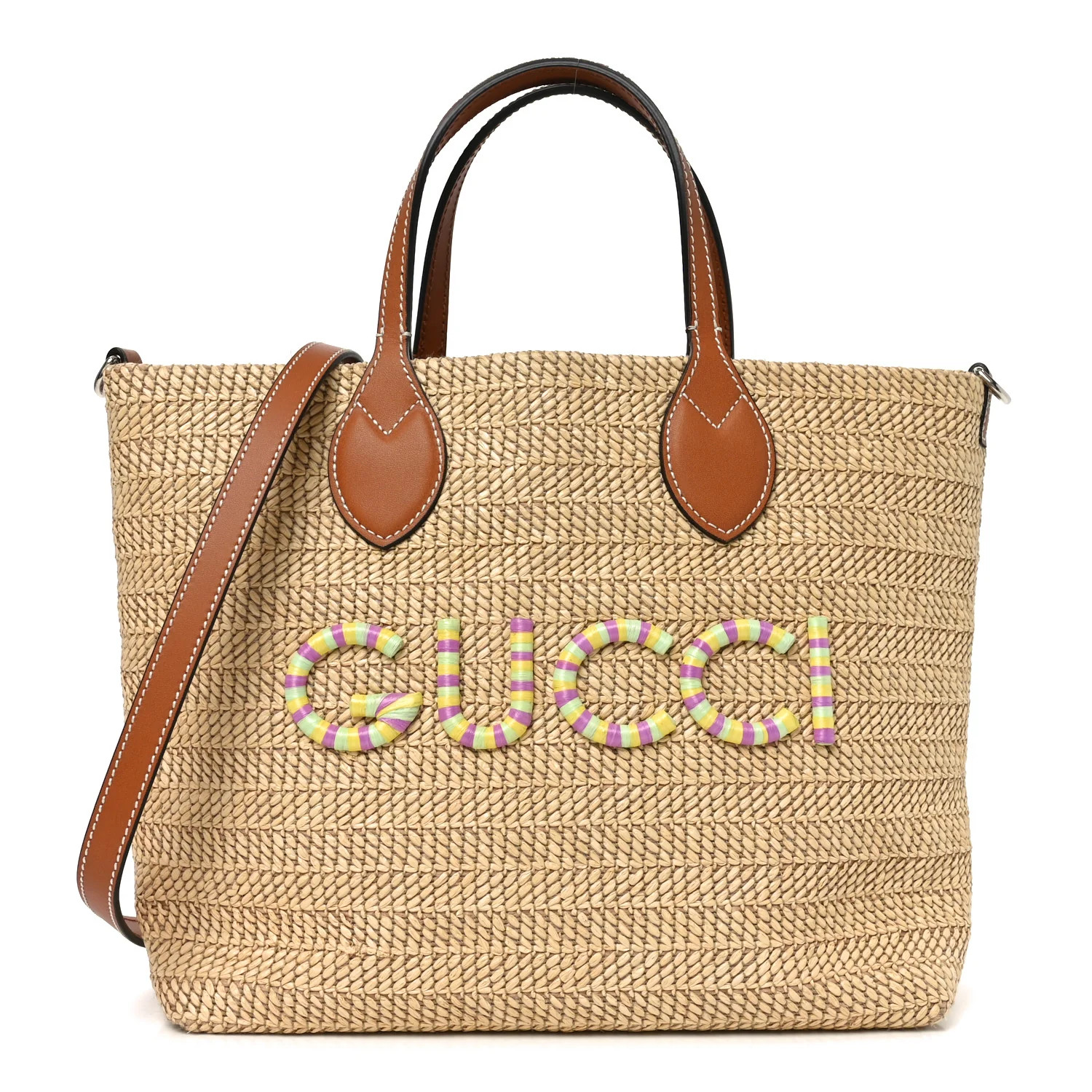 Gucci Raffia Woven Logo Patch Medium Tote Bag Natural Brown Multicolor 1867819 | FASHIONPHILE (US)