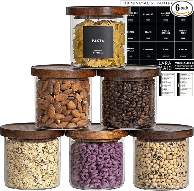 Laramaid 22oz 6Pack Glass Jars Set with Minimalist Pantry Labels, Round Pantry Jars with Brown Ac... | Amazon (US)