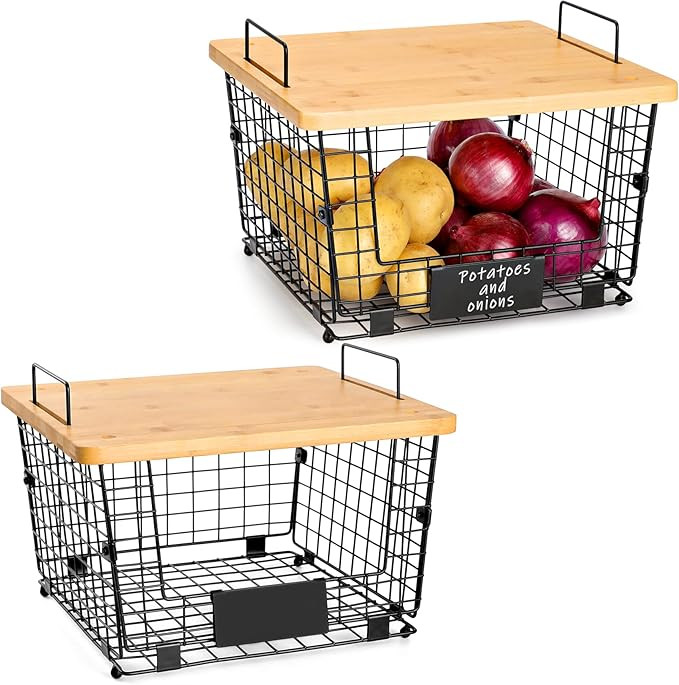 2-Set Stackable Wire Baskets with Bamboo Top - Kitchen Pantry Organization and Storage | Amazon (US)