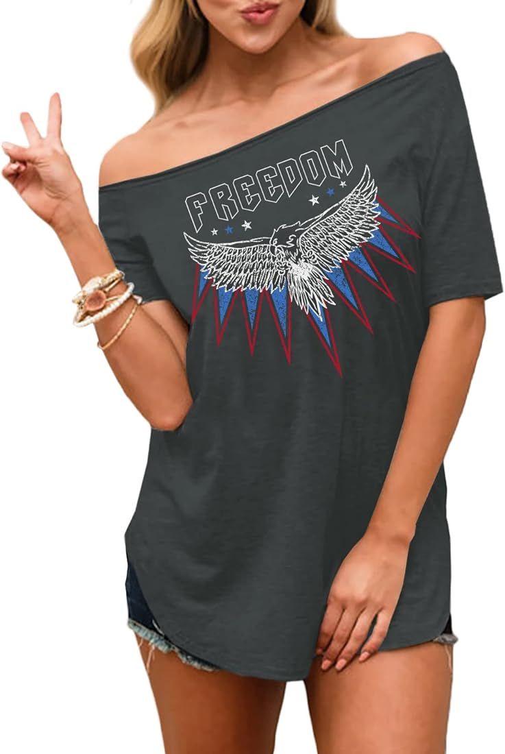 Spadehill Womens July 4th American Flag Off Shoulder Tops | Amazon (US)