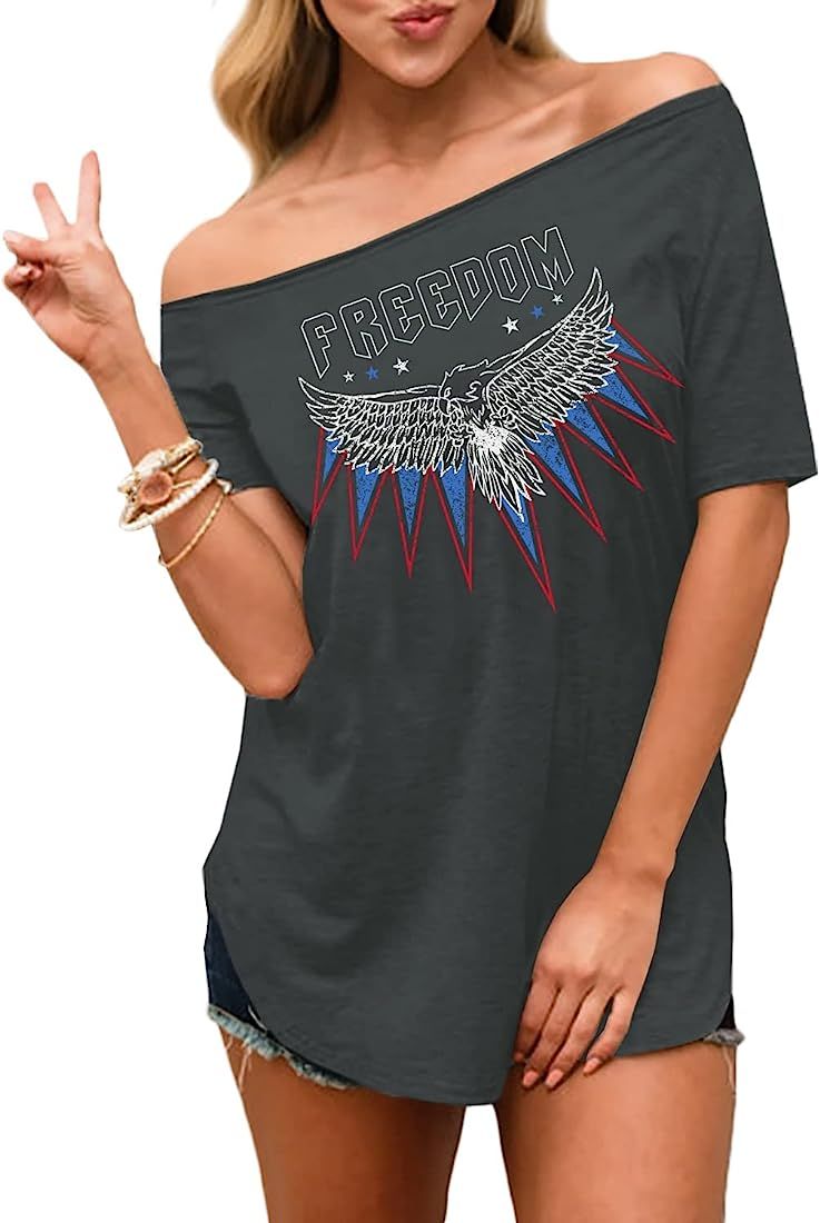 Spadehill Womens July 4th American Flag Off Shoulder Tops | Amazon (US)