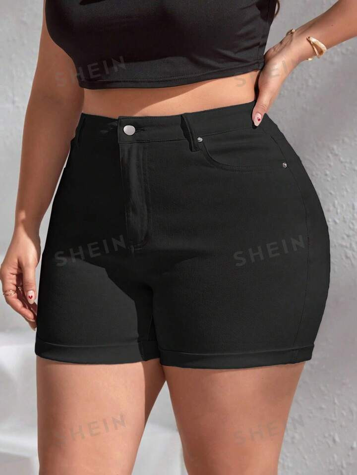 SHEIN Frenchy Plus Size Summer Casual Solid Color Slim Fit Denim Shorts | SHEIN