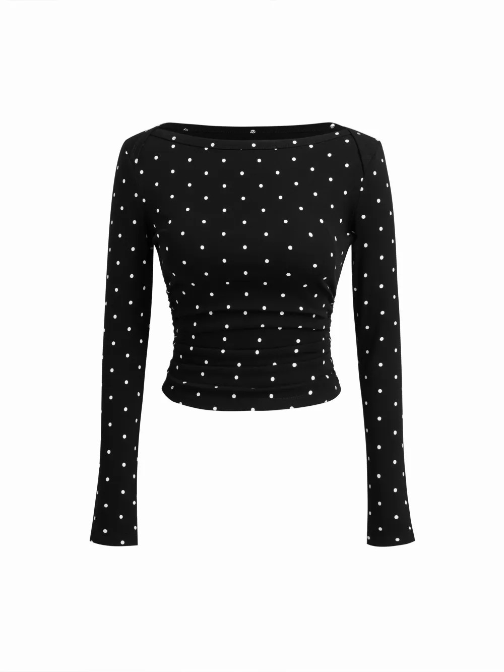 Knit Fabric Cotton-blend Polka Dot Boat Neck Long Sleeve Ruched Top For Daily Casual | Cider