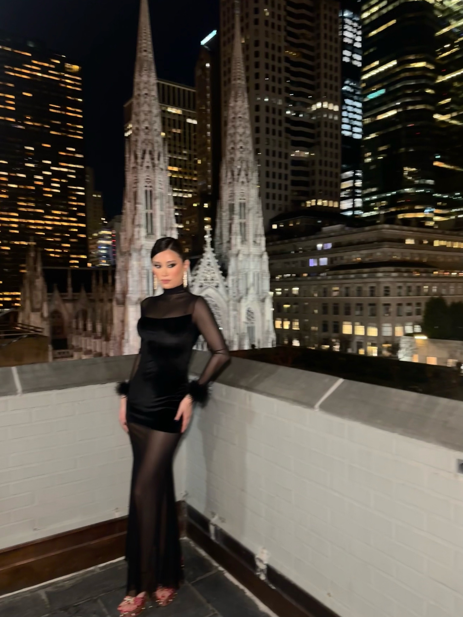 a black velvet and sheer mesh long-sleeve maxi gown with a mock turtleneck, structured velvet bodice overlay, sheer paneling, and feather marabou cuffs, styled with crystal drop earrings and red strappy heels for a nyc rooftop evening overlooking st. patrick’s cathedral. the layered velvet and sheer construction with feather details makes this the ultimate editorial dark feminine gown for formal evenings. perfect for nyc gala events, black tie dinners, new year’s eve parties, and formal winter occasions. shop this look linked above.

#LTKootd